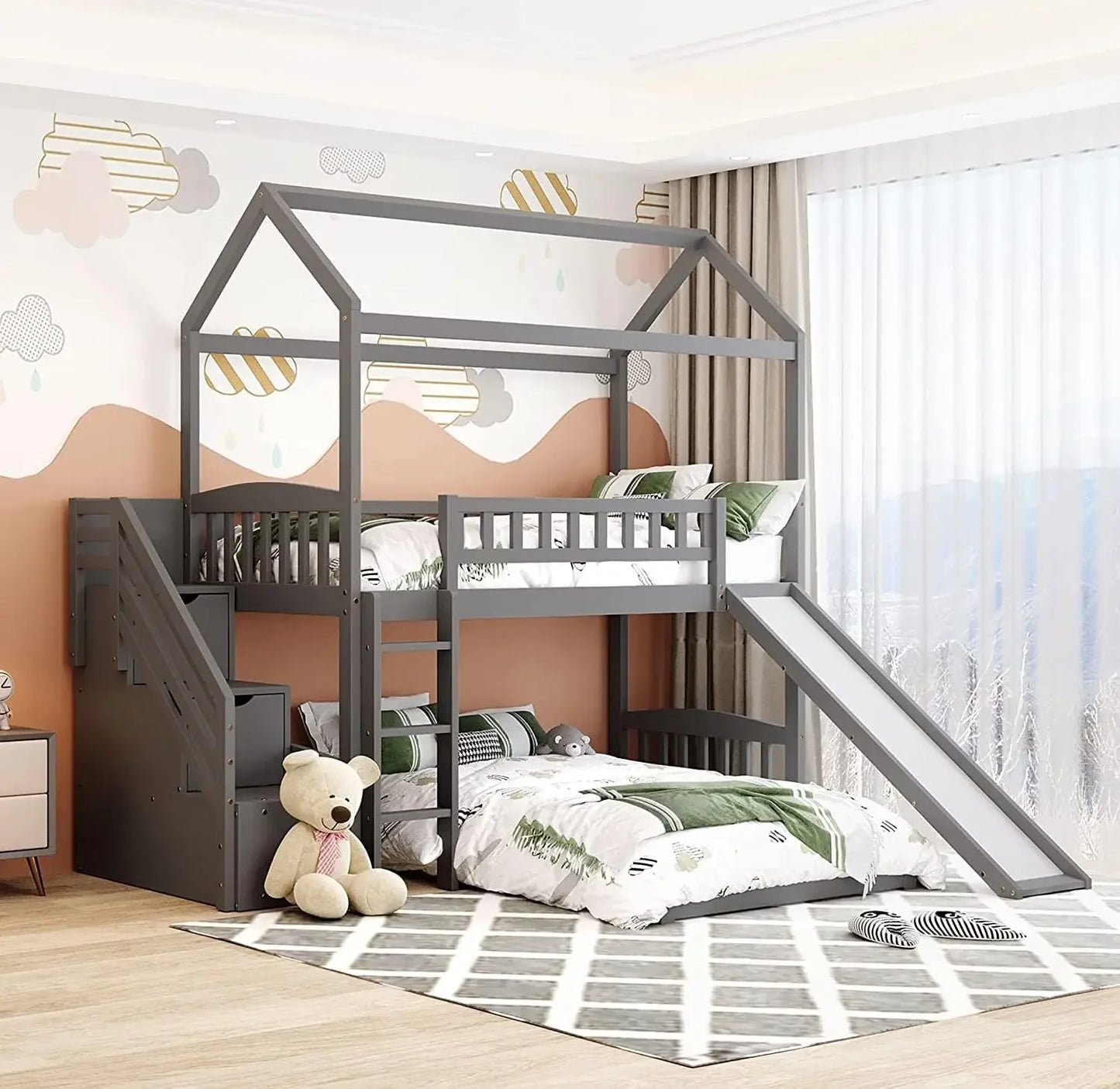 Toddler House Bunk Bed with Slide and Ladder