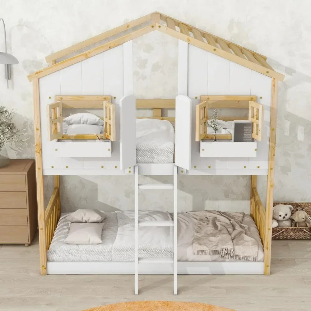 Twin Over Twin House Bunk Bed for Kids, with Roof, Windows, Window Box and Small Door