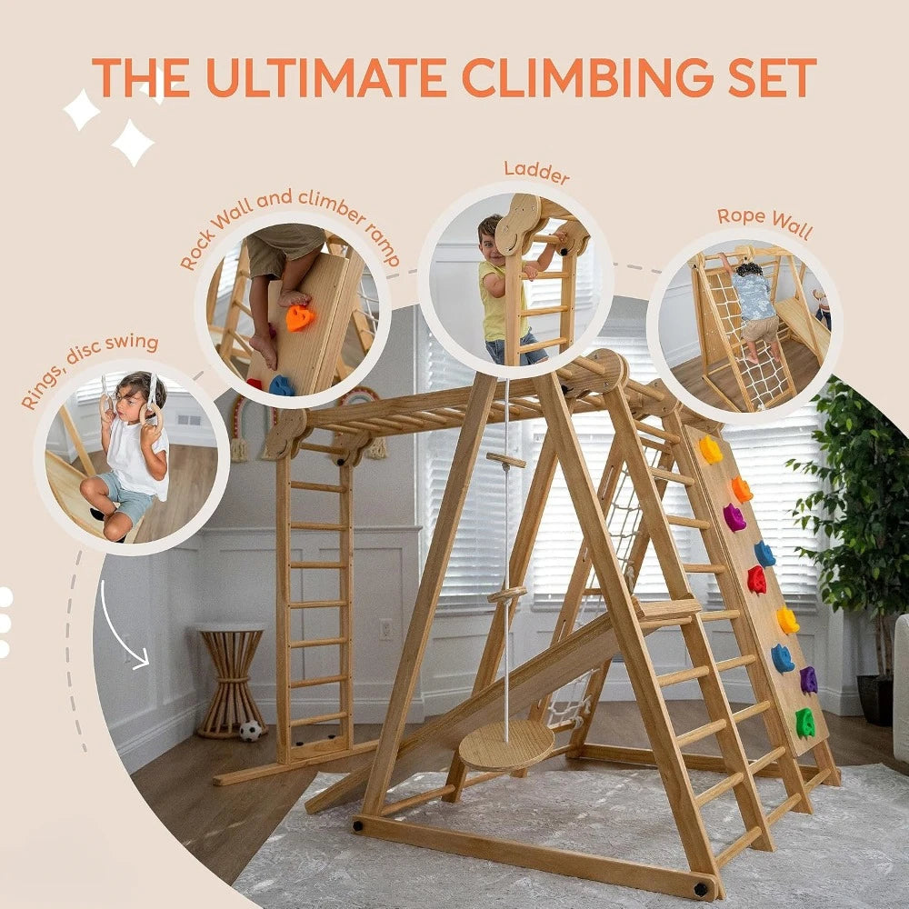 Chestnut 8-in-1 Indoor Foldable Playset for Kids - with Slide, Climbing Wall, Monkey Bars, Swing