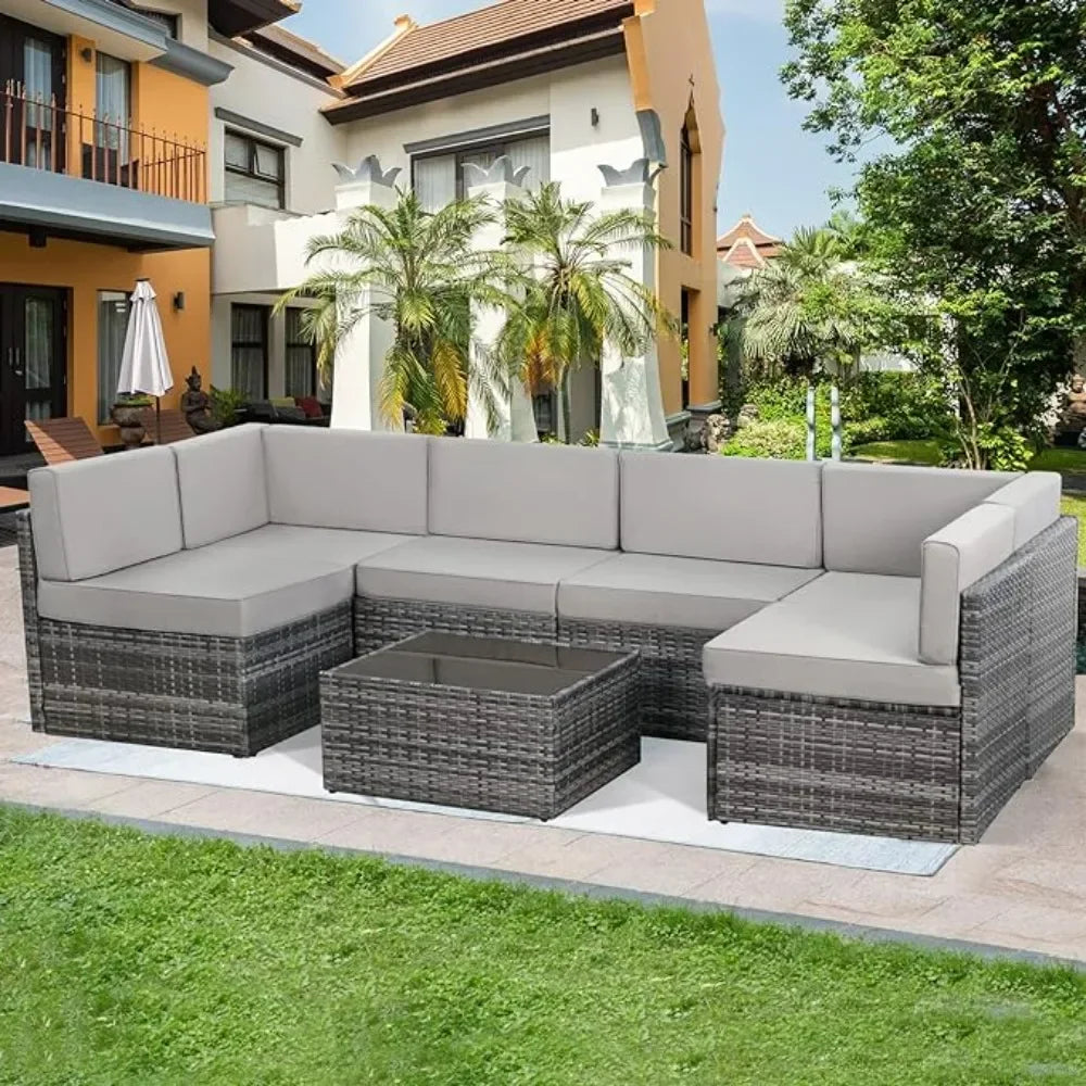 7 Piece Wicker Outdoor Sectional Sofa Patio Furniture Set