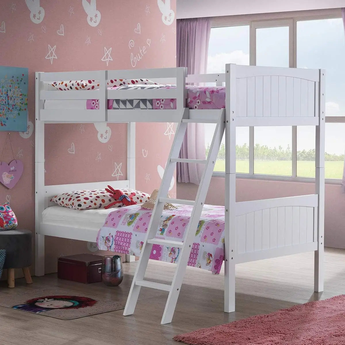 Wood Twin Over Twin Bunk Beds with Ladder and Safety Rail (White)