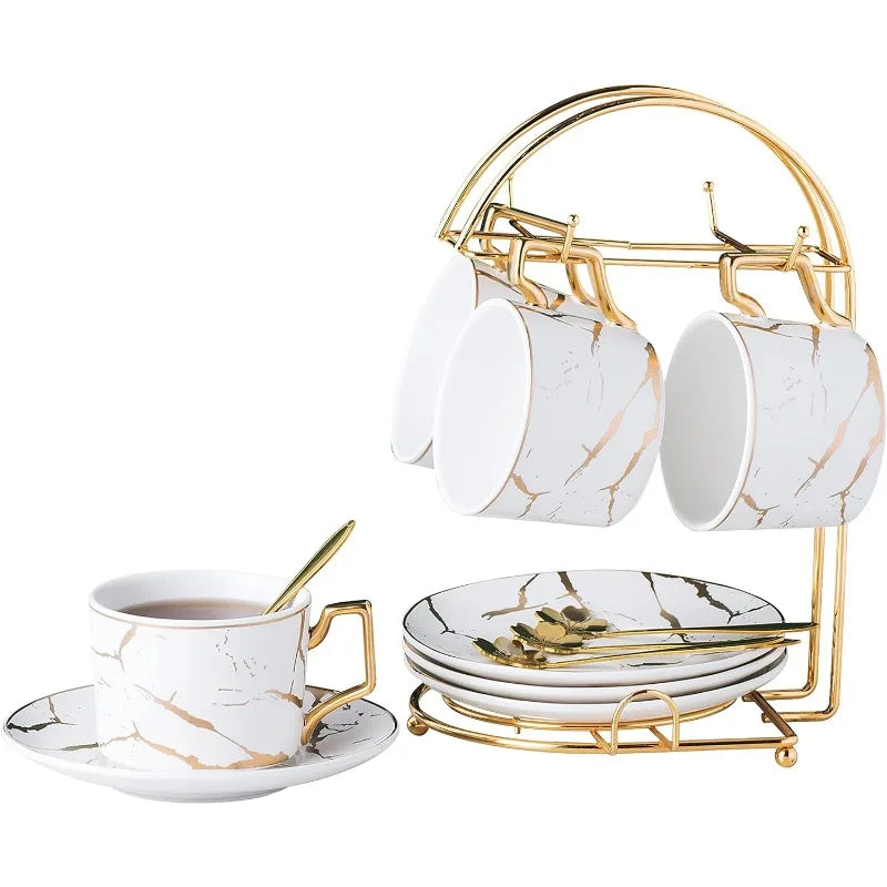 Set of 4- Hand Printed Golden Matte Ceramic Marble Coffee/Tea Cups with Spoons and Cup Holder