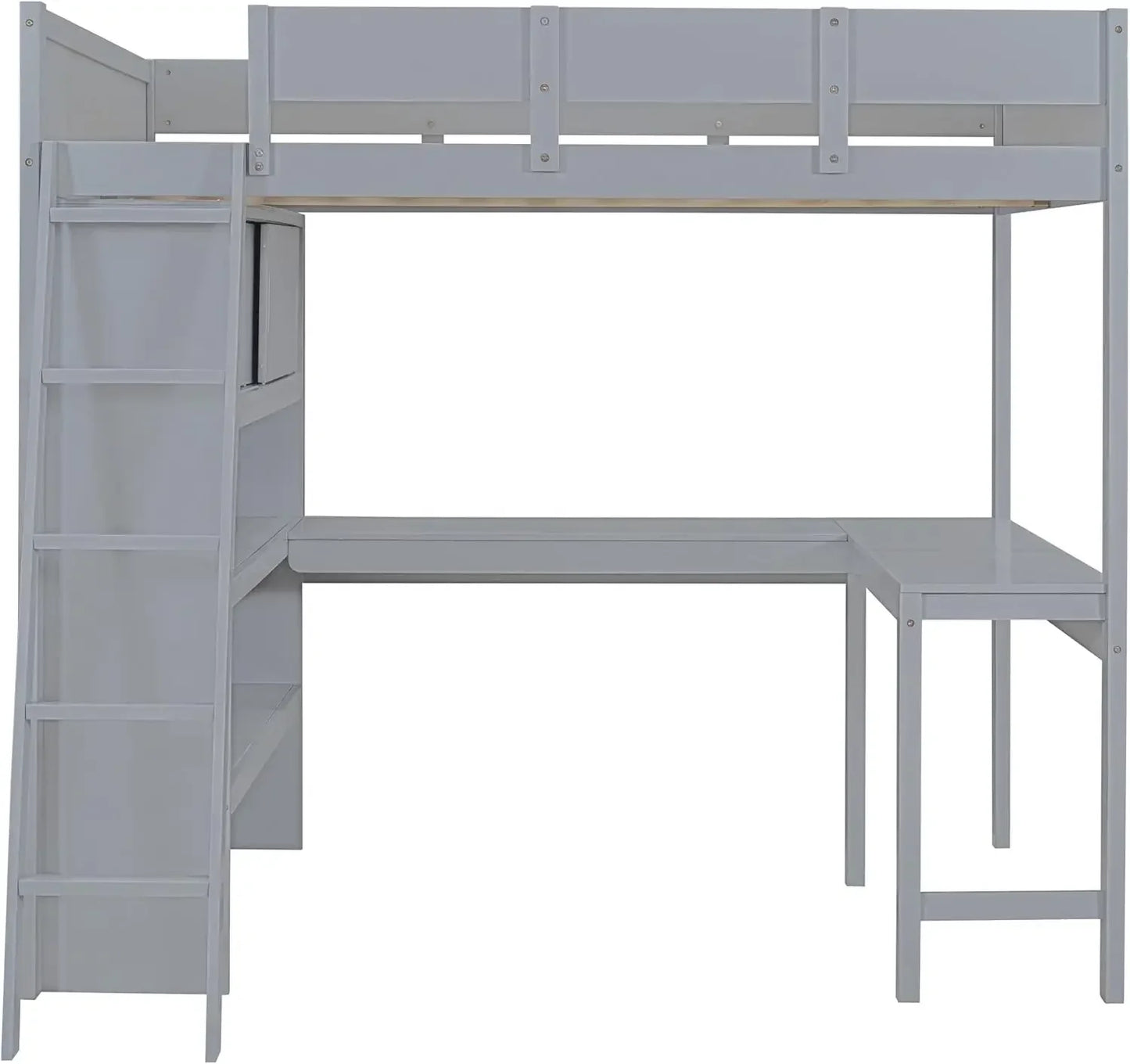 Full Size Loft Bed Frame with Wardrobe and Desk