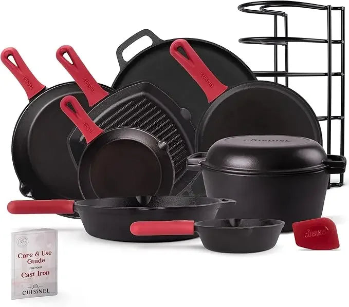 Pre-Seasoned Cast Iron Skillet Set - 8" + 10" + 12"-Inch Frying Pans + Silicone Handle Grip Covers