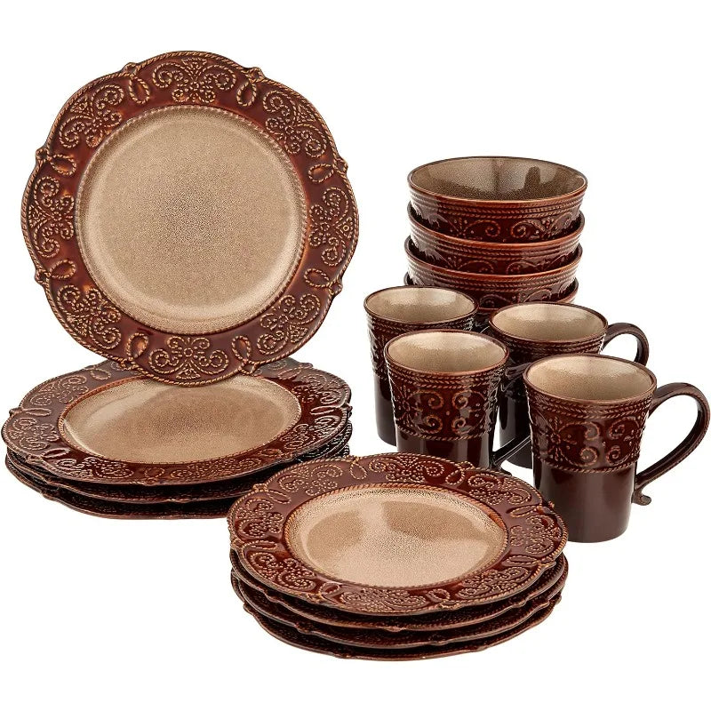 Round Decorated Scallop Embossed Dinnerware Dish Set, 16 Piece