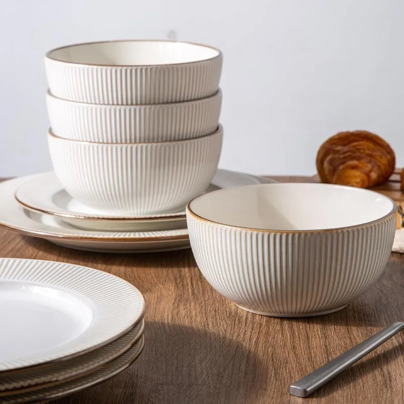 Embossed Elegant Stoneware Plates and Bowls Sets