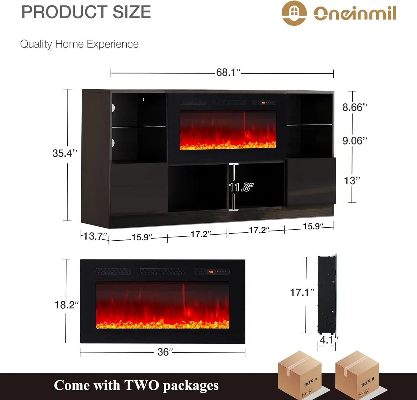 Fireplace TV Stand with 36” Electric Fireplace, 70” TV Console Stand for TVs Up to 80", LED Lights, Entertainment Center,