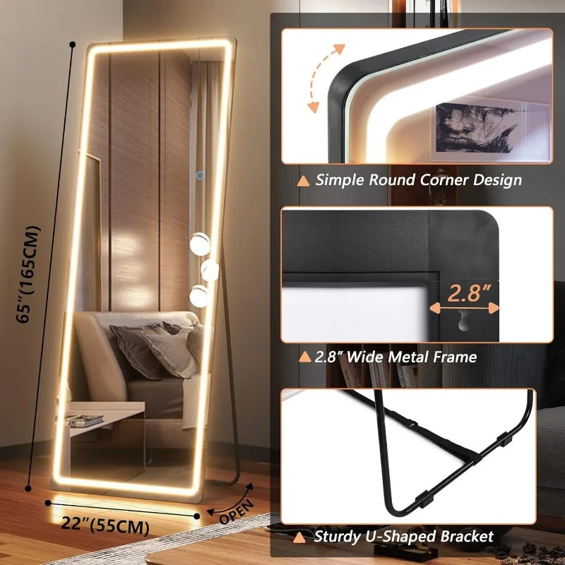 Full Length, 65"x22" Standing Full Body Mirror with Lights