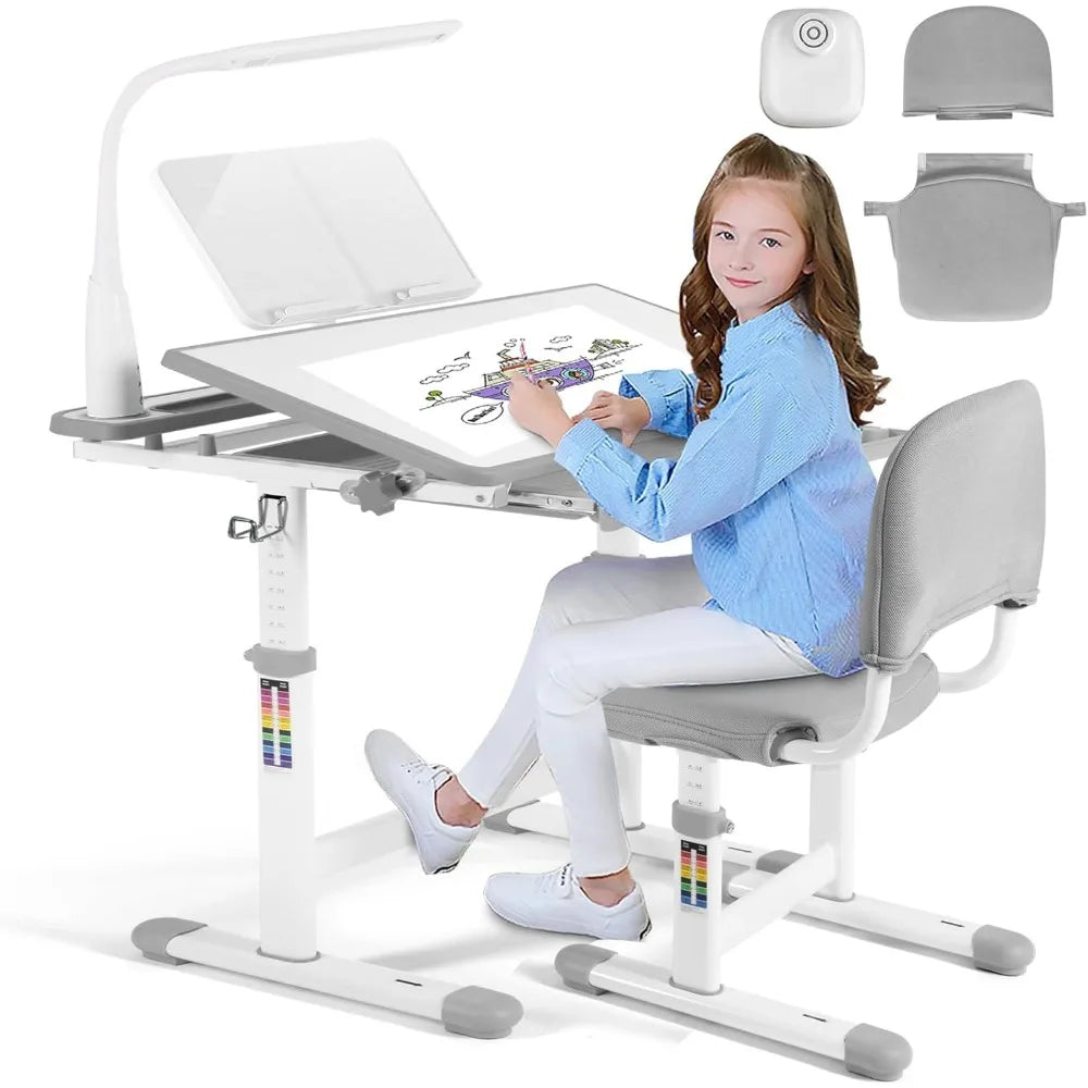 Height Adjustable Kids Study Desk and Chair Set with LED Lamp