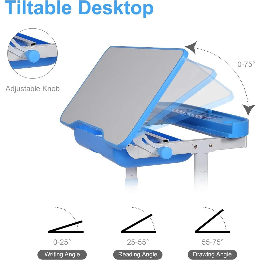 Children's Desk and Chair- Height-adjustable Study and Writing Table with Tilting Table Top, LED Light,