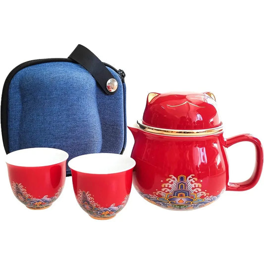 Lucky Cat Portable Ceramic Teapot Set