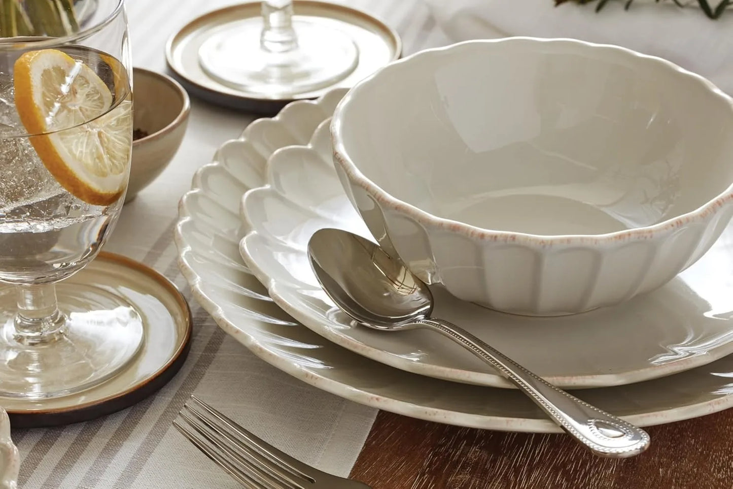 12-Piece French Perle Scallop Dinnerware Set, White