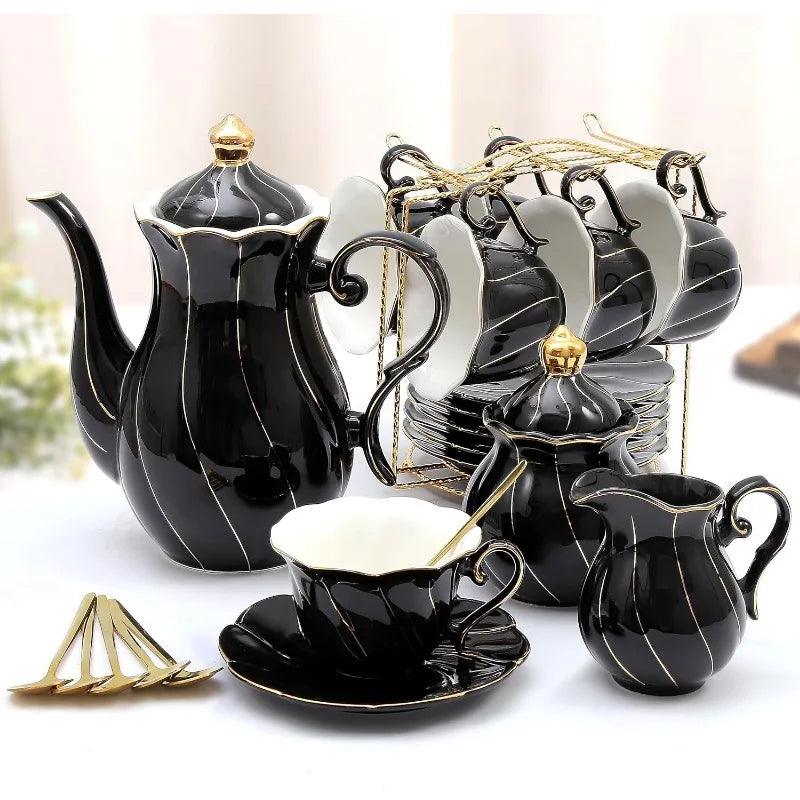 22 pcs Porcelain Tea Set for 6, Luxury British Style Tea/Coffee Cup Set with Golden Trim