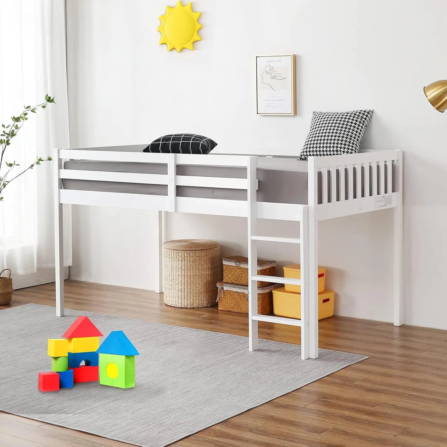 Twin Over Twin Solid Wood Bunk Bed Frame with Ladder and Guard Rail Space