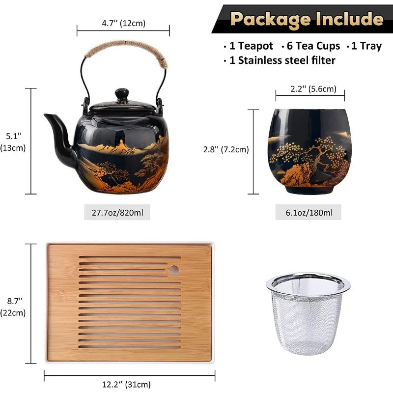 Glazed Tea Set in Gift Box with 1 Teapot, 1  Strainer, 1  Tray and 6  Cups