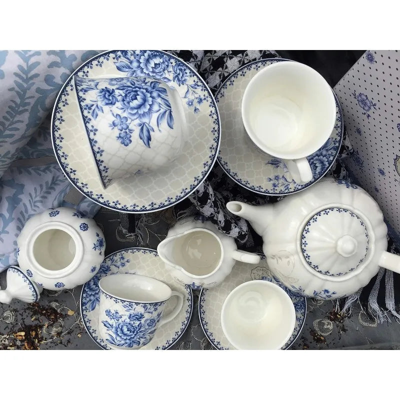 Blue Dream Tea Set, cups (8oz), Pot (48oz), Creamer and Sugar Set, Gift box