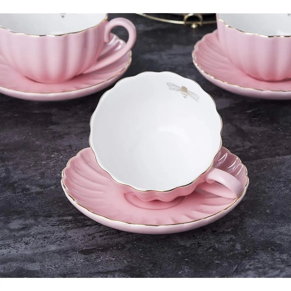 Pink Fine China Coffee/Teacup Set, Service For 4