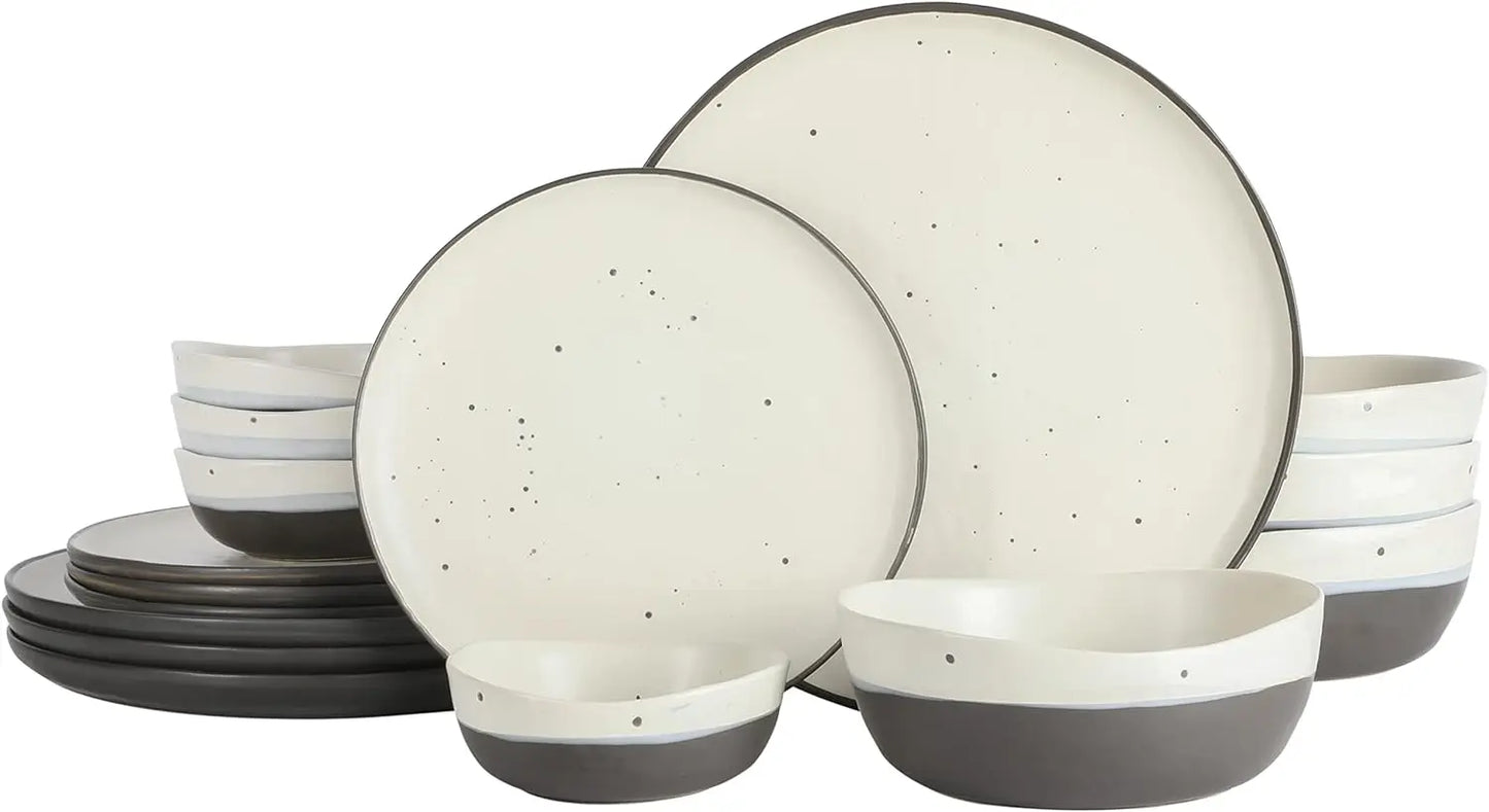 Double Bowl Stoneware Dinnerware Set, Service for 4 (16pcs), White and Black