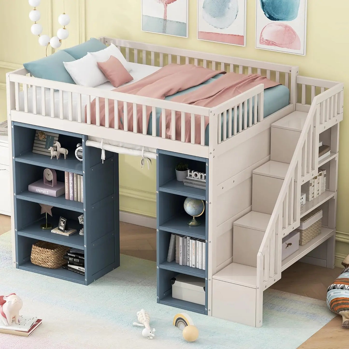 Full Size Loft Bed with Stairs and 2 Four-Layer Storage Cabinets and Curtain, for Kids, Teens, Adults (White+Blue)