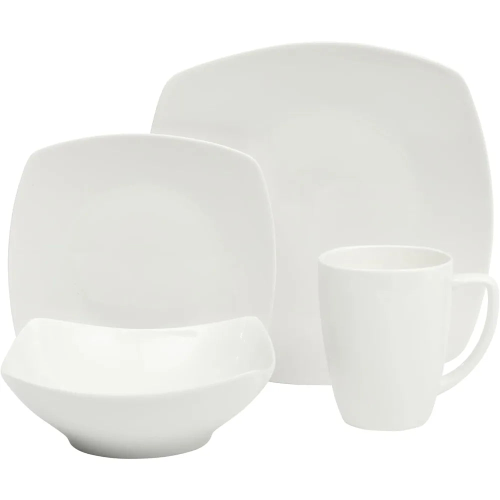 Square Porcelain Dinnerware Set for 4, White