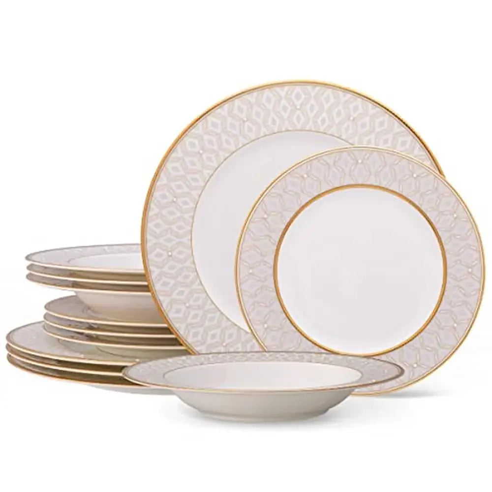 Elegant 12-Piece Cream/White Gold Band Accent Bone China Dinnerware Set