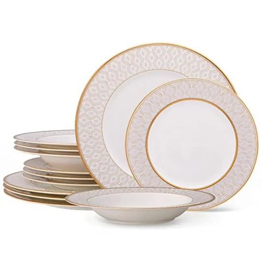 Elegant 12-Piece Cream/White Gold Band Accent Bone China Dinnerware Set