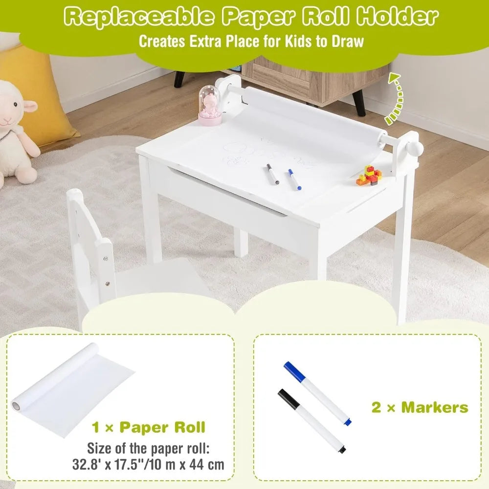 Kid's Wooden Lift-Top Desk & Chair Activity Table Set with Storage, Paper Roll Holder & Pen Slot