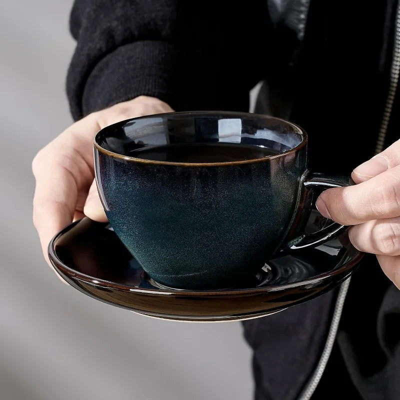 Set of 4 [8oz] Porcelain Coffee Cups with Saucers and Holder