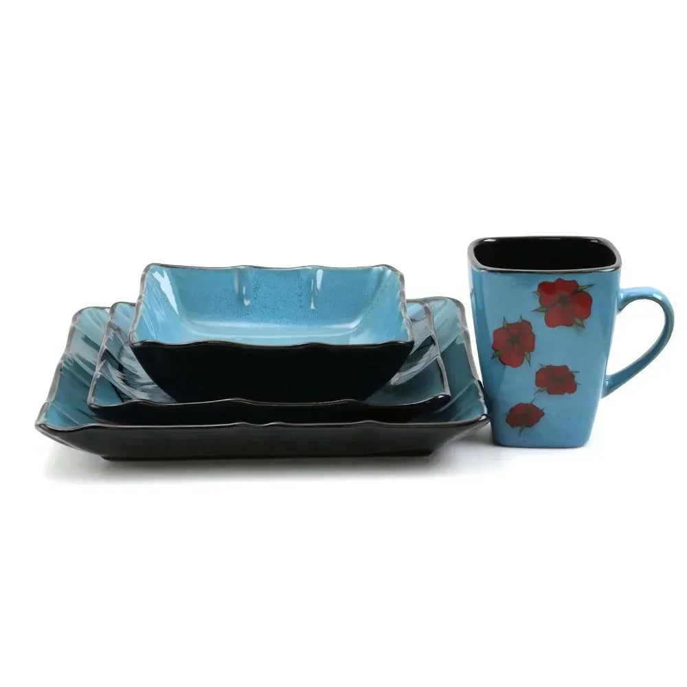 16 Piece Blue and Floral Square Stoneware Dinnerware Set