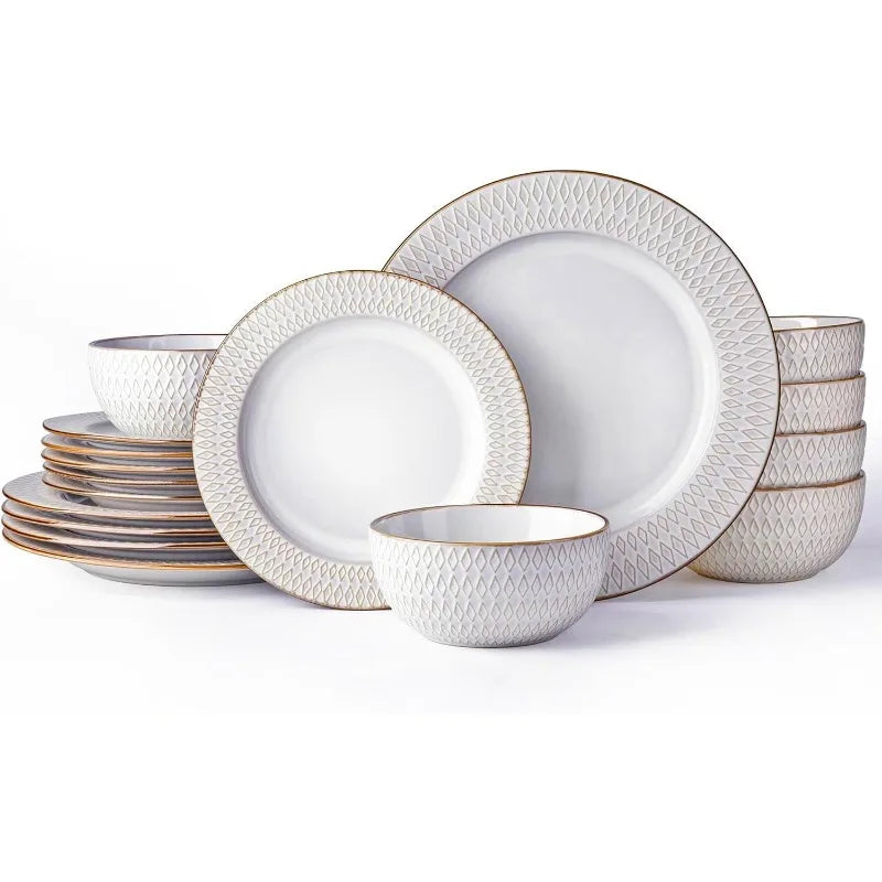 Embossed Elegant Stoneware Plates and Bowls Sets