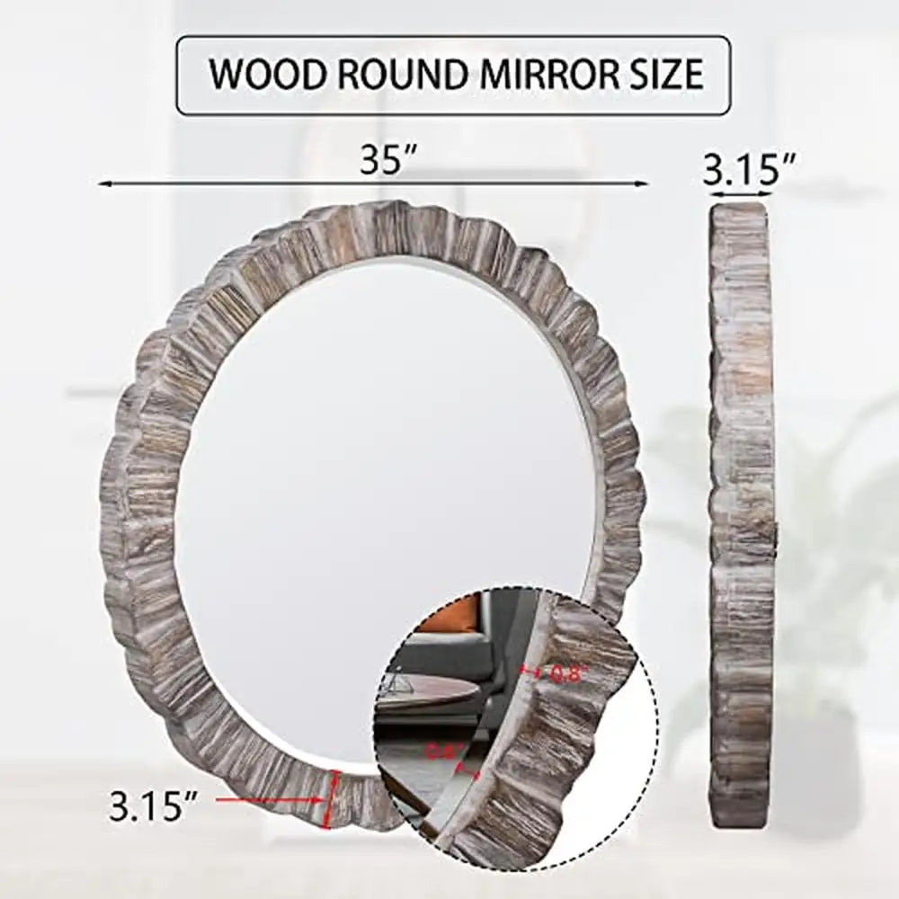 Large Round 35" Rustic Wood Beveled Frame Mirror