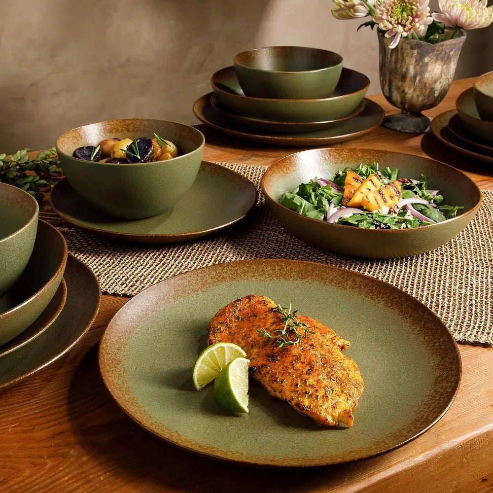 Oprah's Favorite Things - Santorini Mist Double Bowl Terracotta Reactive Glaze Plates and Bowls Dinnerware Set