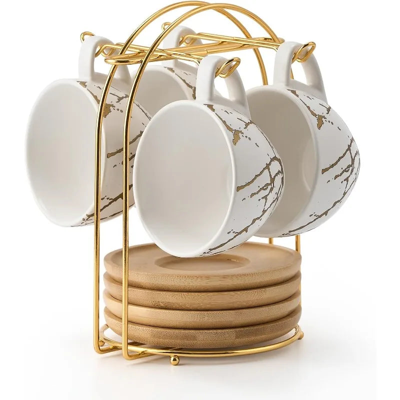 Ceramic Demitasse Espresso 8 oz Cups Set with Saucers and Metal Stand