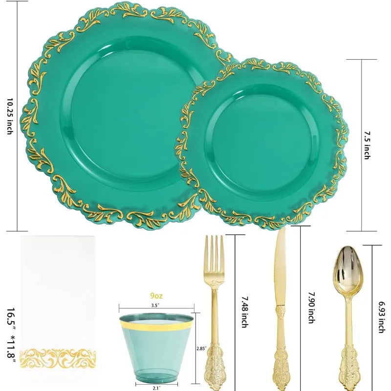 175PCS Clear Green Plastic Plates & Gold Plastic Silverware & Clear Green Cups & Gold Napkins, Service 25 Guest