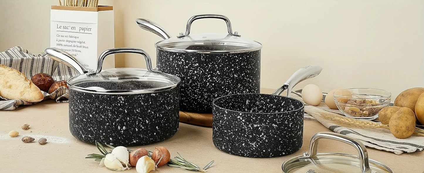 3-Piece Saucepan Set with Glass Lids, Natural Durable Granite Coating, Nonstick, Durable & Oven Safe to 450°F