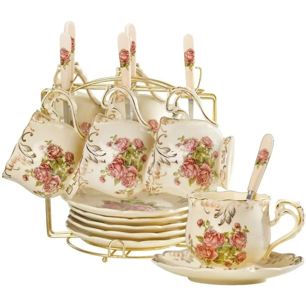 Set of 6,Vintage Floral Porcelain Teas Cups and Saucers with Golden Rack