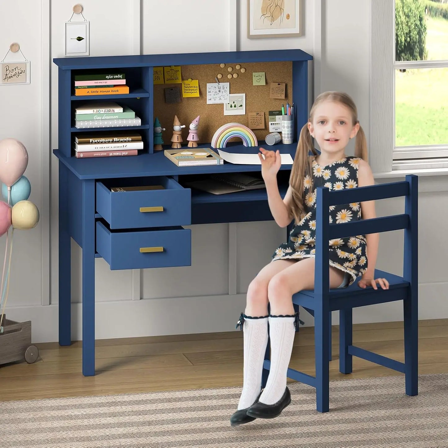 Wooden Children Study Table with Hutch/Drawer & Bulletin Board