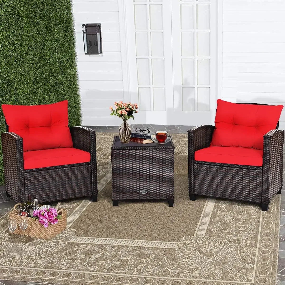 3 Piece Outdoor Rattan Sofa Set with Tempered Glass Tabletop