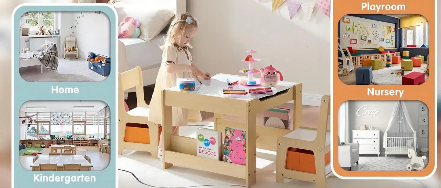 Kid's 3 in 1 Wooden Activity Table and Chair Set, with Bookshelves and Storage Drawer