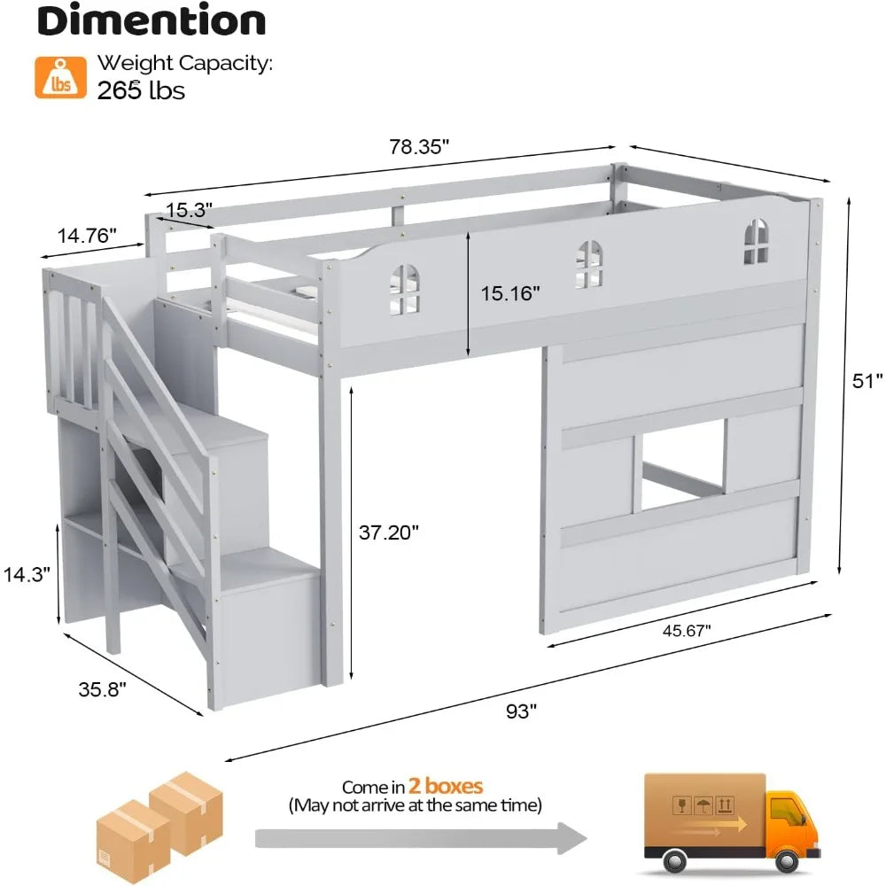 Twin Low Loft Bed with Led Light, with Castle Guardrail and Window, Book Rack, Smart APP Control