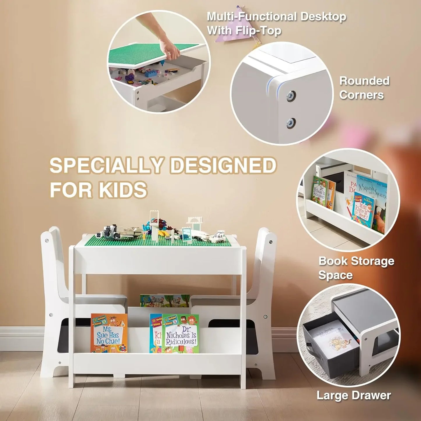 Kid's 3 in 1 Wooden Activity Table and Chair Set, with Bookshelves and Storage Drawer