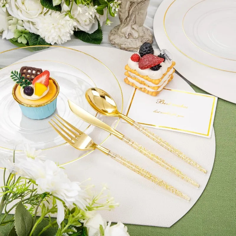 150PCS Clear-Gold Plastic Plates - Gold Plastic Silverware with Glitter Handle - 30 Guests