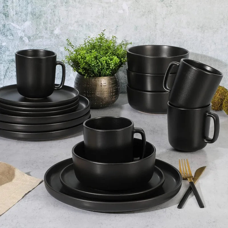 Zuma Stoneware Plates, Bowls, & Mugs Dinnerware Set - Matte , Service for Four (16pcs)