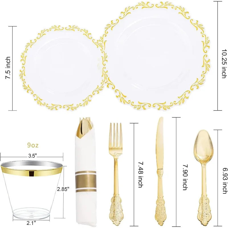 175PCS Clear Green Plastic Plates & Gold Plastic Silverware & Clear Green Cups & Gold Napkins, Service 25 Guest