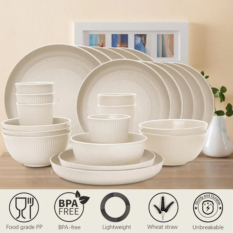 24PCS Wheat Straw Dinnerware Sets for 6, Dishwasher Microwave Safe