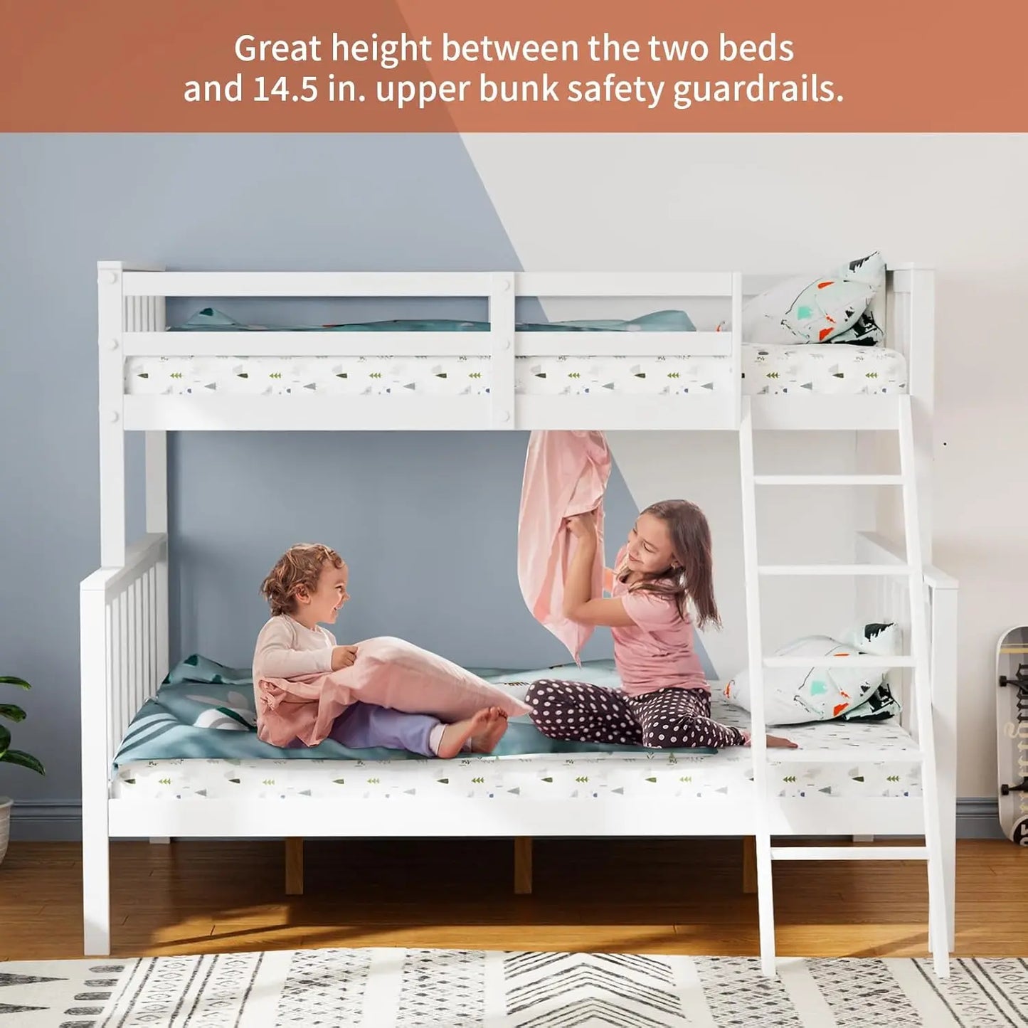 Twin Over Twin Solid Wood Bunk Bed Frame with Ladder and Guard Rail Space