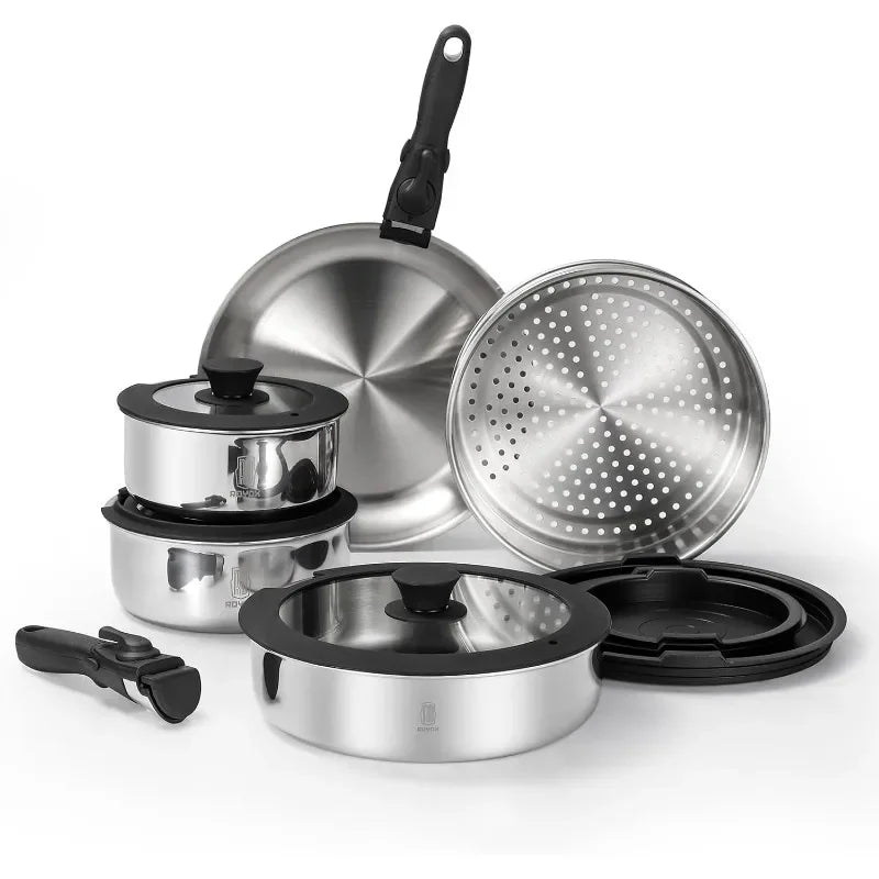 20 Piece Stainless Steel Cookware Set with Removable Handle