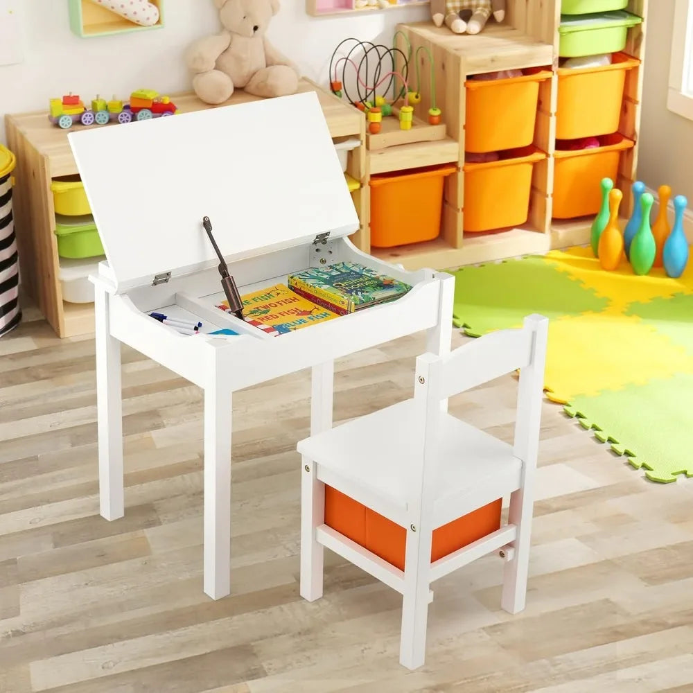 Kid's Wooden Lift-Top Desk & Chair Activity Table Set with Storage, Paper Roll Holder & Pen Slot