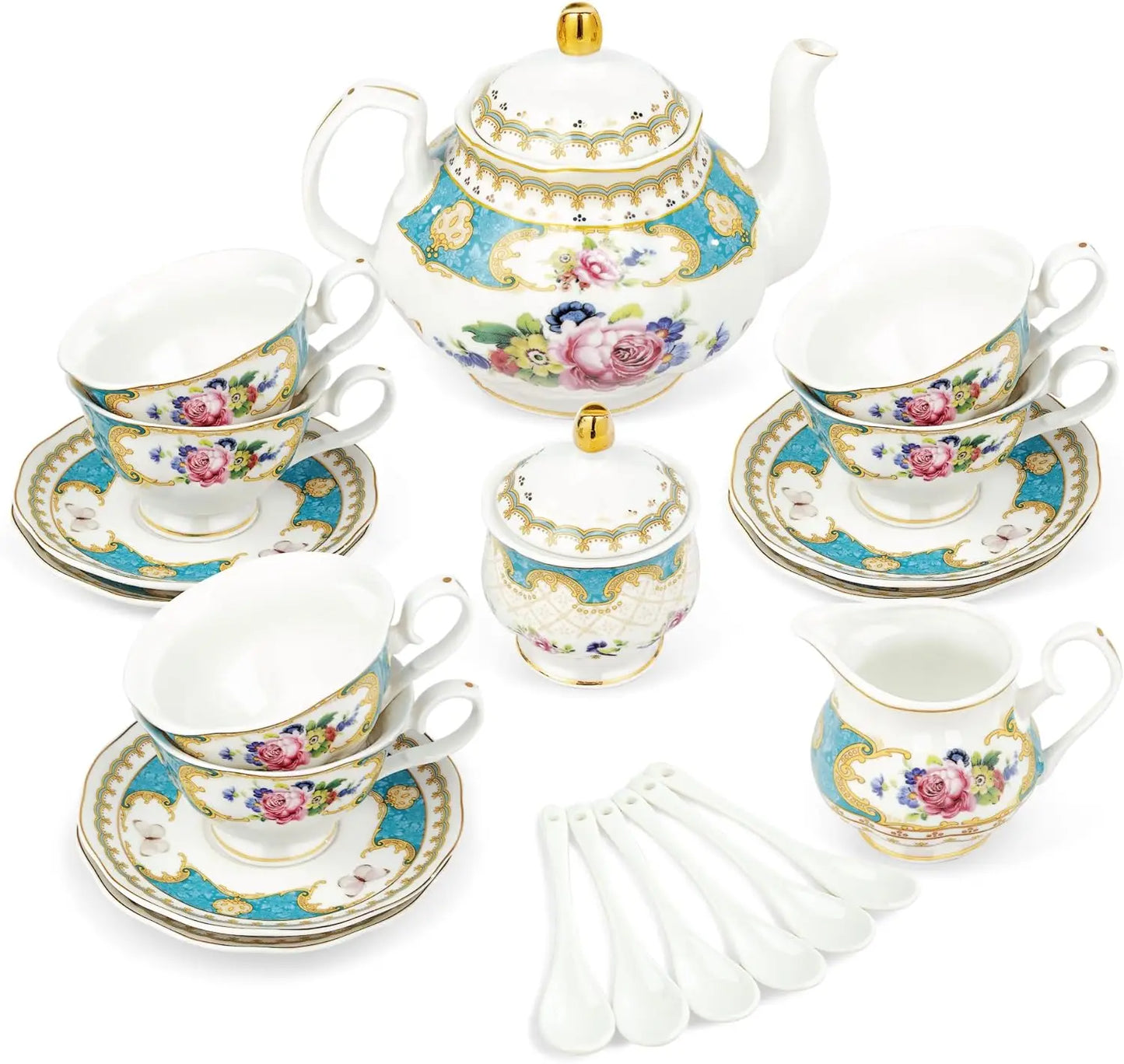 21 Piece Floral Porcelain Tea Set, for 6