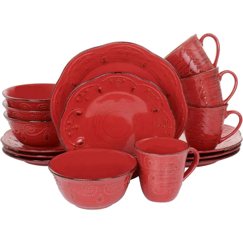 16 Piece Stoneware Dinnerware Set with Brown Accents